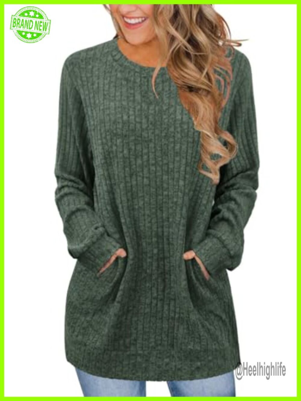 Womens Long Sleeve Crewneck Tunic Sweater Side Pocket Pullover